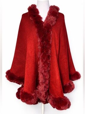 Red Faux Fur Trim Poncho Cape NWT Soft Cozy Holiday Western Glam